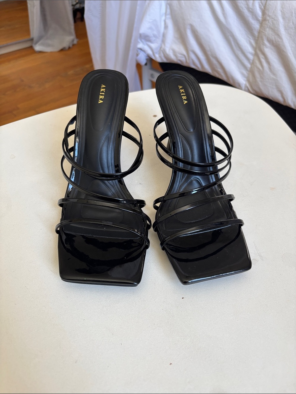 NEW - AKIRA Black Patent Strappy Square-Toe Mule Heels